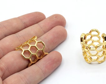 24k Shiny Gold Adjustable Honeycomb Ring, Wide Band Ring, Tube Ring, Honeycomb Ring, Hexagon Ring, Adjustable Ring, Gold Plated Rings, GR510