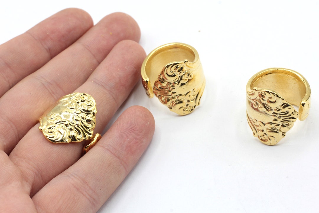 24k Shiny Gold Adjustable Spoon Ring, Floral Spoon Ring, Gold Spoon ...