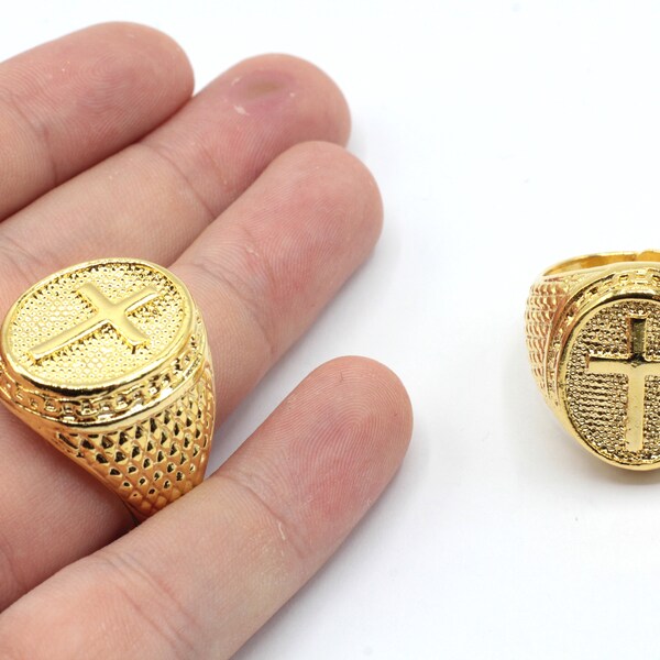 24k Shiny Gold Adjustable Cross Ring, Gold Cross Signet Ring, Ring for Man, Religious Ring, Adjustable Gold Ring, Gold Plated Rings, GR159