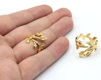 24k Shiny Gold Adjustable Tiny Leaf Ring, Leaves Ring, Leaf Wrap Ring, Leaf Ring, Adjustable Ring, Ring For Woman, Gold Plated Rings, GR239