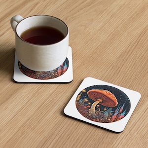 May include: A white ceramic coaster with a circular design featuring a large orange mushroom with a white stem surrounded by smaller mushrooms and glowing blue and orange plants. The background is a dark blue with white stars.