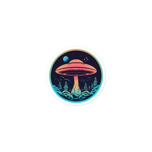 May include: A psychedelic sticker featuring a large, colourful mushroom with a glowing stem. The mushroom is surrounded by a forest and stars, creating a whimsical and otherworldly scene.