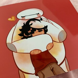 Warm Hug (Hiro and Baymax, Landscape, Red Background) Art Print image 2