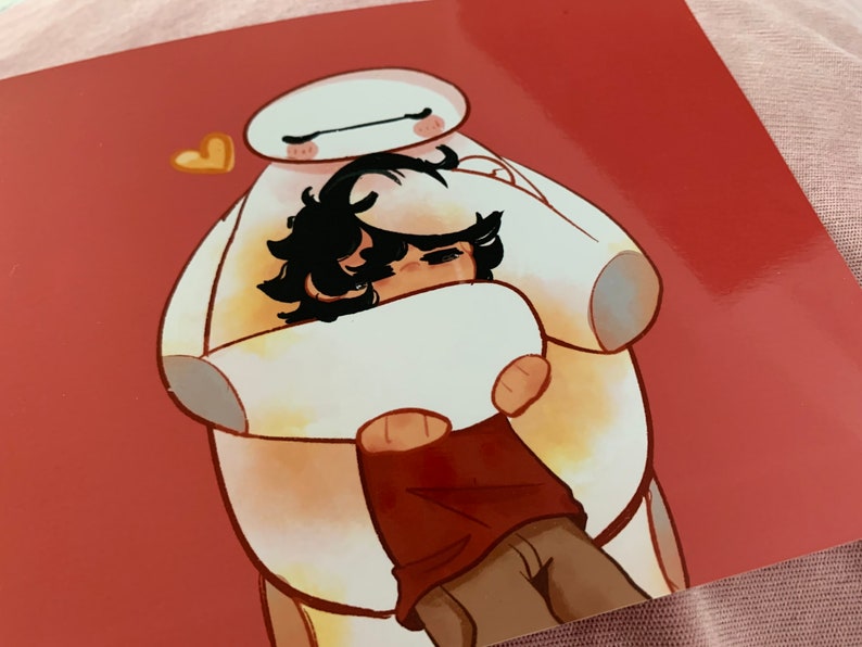 Warm Hug (Hiro and Baymax, Landscape, Red Background) Art Print image 2