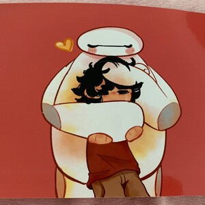 Warm Hug (Hiro and Baymax, Landscape, Red Background) Art Print image 3