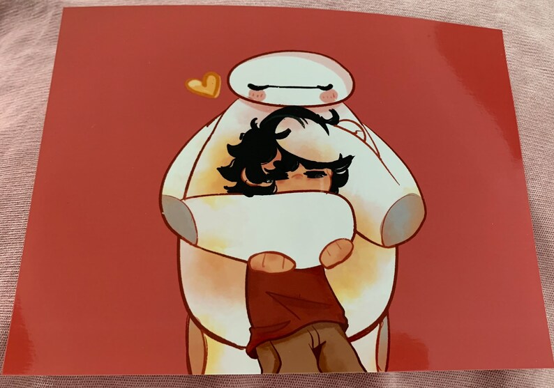 Warm Hug (Hiro and Baymax, Landscape, Red Background) Art Print image 3