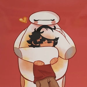 Warm Hug (Hiro and Baymax, Landscape, Red Background) Art Print image 1