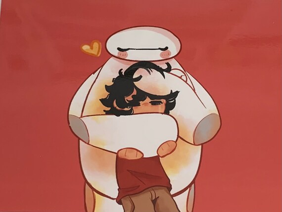 Warm Hug (Hiro and Baymax, Landscape, Red Background) Art Print