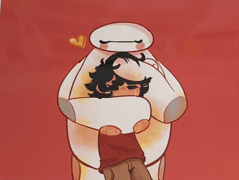 Warm Hug (Hiro and Baymax, Landscape, Red Background) Art Print image 1