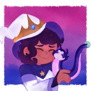 Puede incluir: Un personaje de dibujos animados morado y blanco que lleva un sombrero blanco con una corona dorada y una gema azul. El personaje sostiene un gato de dibujos animados rosa y morado con una gema verde en la cola.
