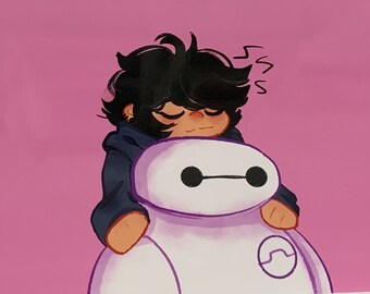 Sleepy Head (Hiro and Baymax, Landscape, Pink Background) Art Print