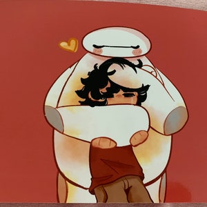 Warm Hug (Hiro and Baymax, Landscape, Red Background) Art Print image 4