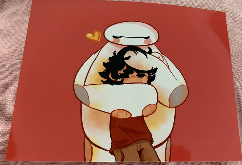Warm Hug (Hiro and Baymax, Landscape, Red Background) Art Print image 4
