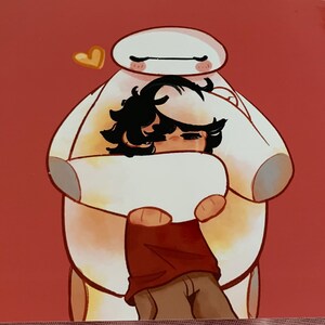 Warm Hug (Hiro and Baymax, Landscape, Red Background) Art Print image 5