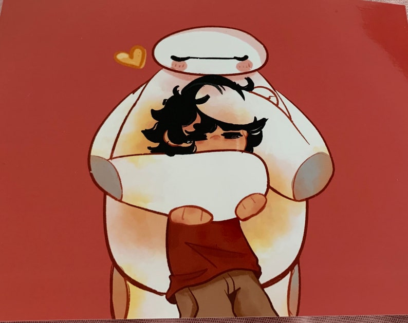 Warm Hug (Hiro and Baymax, Landscape, Red Background) Art Print image 5