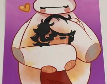 Warm Hug (Hiro and Baymax, Portrait, Purple gradient Background) Art Print