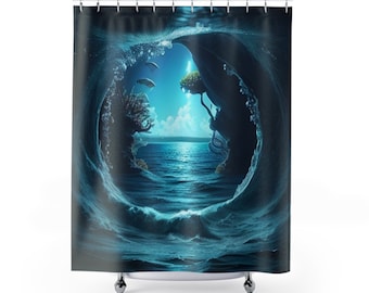 Tenda da doccia con scena oceanica sott'acqua, decorazione per il bagno in spiaggia, tema costiero, tenda da bagno nautica, regalo per gli amanti del mare