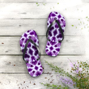 Purple Tie Dye Flip Flops | Beach Sandals | Vacation Footwear | Summer Shoes | Palm Leaf Print