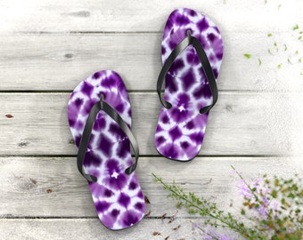 Purple Tie Dye Flip Flops | Beach Sandals | Vacation Footwear | Summer Shoes | Palm Leaf Print