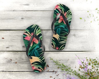 Tropical Palm Tree Flip Flops | Beach Sandals | Vacation Footwear | Summer Shoes | Palm Leaf Print