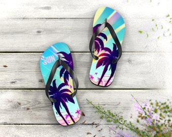 Tropical Palm Tree Flip Flops | Beach Sandals | Vacation Footwear | Summer Shoes | Palm Leaf Print