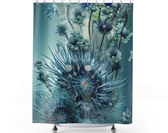 May include: A shower curtain featuring a blue and green abstract floral design. The design resembles a cluster of flowers with spiky petals and a central, circular shape.