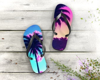 Tropical Palm Tree Style Flip Flops | Beach Sandals | Vacation Footwear | Summer Shoes | Palm Leaf Print