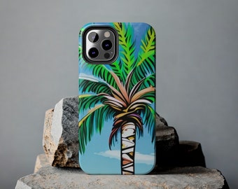May include: A phone case with a colorful illustration of a palm tree on a blue background. The case has a cutout for the phone's camera.