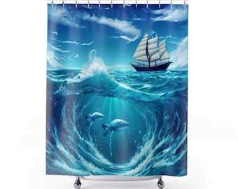 Tenda da doccia con scena oceanica/Decorazioni per il bagno in spiaggia/Tema costiero/Tenda da bagno nautica/Regalo per gli amanti del mare