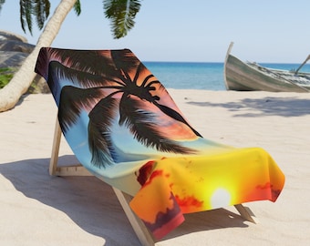 Tropical Sunrise Beach Towel | Minimalist Polyester and Cotton Fabric Beach Towels For Beach Décor | Washable Beach Towels