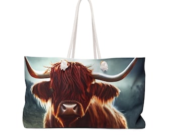 Highlander Cow Weekender Bag | Large Travel Bag | Women&#39;s Overnight Bag | Animal Print Carry-On | Animal Print Travel Luggage