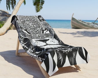Tribal Lion Beach Towel | Minimalist Polyester and Cotton Fabric Beach Towels For Beach Décor | Washable Beach Towels