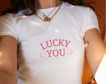 Lucky you baby tee, Y2k lucky you baby tee shirt, pink lucky girl crop top, heart graphic baby tee, 90s clothing, coquette baby tee, y2k