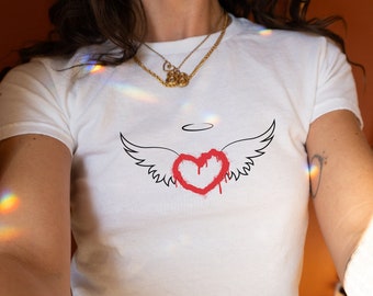 Angel Baby-T-shirt, Y2K Wings-croptop, Coquette Heart-T-shirt, jaren 90 zomershirt, grafische damesbaby-T-shirt