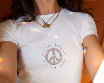 Y2K Peace and Love Baby tee, Y2K, Baby tee-shirt, Y2k Graphic Baby Tee, 90s Baby Tee, womens baby tee crop, floral Peace baby Tee, babytee