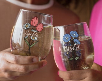 Mothers Day Gift | Bridesmaid Gifts | Stemless Wine Glass | Gift For Mom | Gift For Mother | Birth Flower With Personalized Name Wine Glass