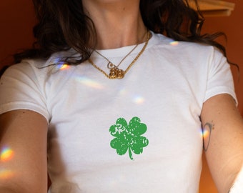 Lucky Baby Tee Vintage Shamrock y2k baby tee Crop Top Trendy Y2k Shirt irish style shirt st patricks baby tee with green shamrock lucky girl