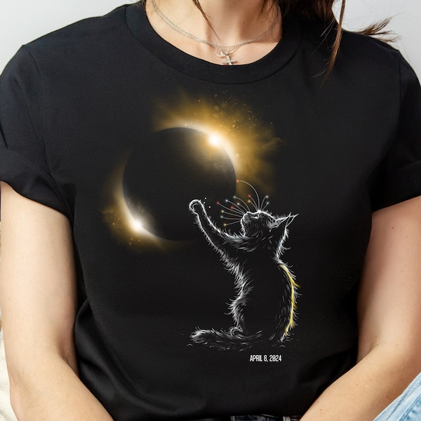 Cat Solar Eclipse Shirt, April 8 2024, Total Solar Eclipse Watching Tee, Solar Eclipse Souvenir Gift, Lunar Shirt, Boho Sun And Moon Shirt