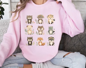Suéter estético de animais da floresta, moletom de raposa, camisa de guaxinim Forestcore, moletom de animais, gola redonda boho, camisa de urso, moletom de gola redonda