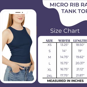 May include: Size chart for a navy blue racerback tank top. The chart shows the width and length measurements in inches for sizes XS, S, M, L, XL, and 2XL.