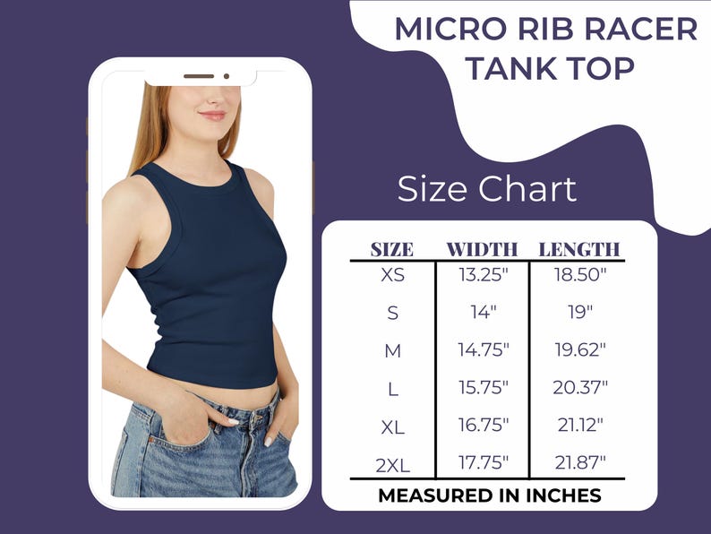 May include: Size chart for a navy blue racerback tank top. The chart shows the width and length measurements in inches for sizes XS, S, M, L, XL, and 2XL.