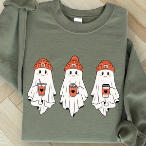 Cute Ghosts Drinking Coffee Sweatshirt, Ghost Ice Coffee, Spooky Season, Fall Coffee Lover Hoodie, Halloween Party Shirt, Fall Graphic Shirt