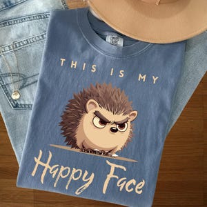 May include: A blue t-shirt with the text "THIS IS MY Happy Face" and a cartoon hedgehog illustration. The shirt is laid on top of blue jeans and a tan hat.