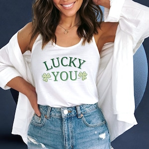 Lucky Tank top women&#39;s Racerback tank top Good Luck top irish luck tank top saint patricks green Shamrock singles top women fitted top