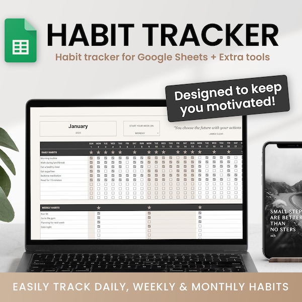 365 Dagen Gewoonte-tracker voor Google Spreadsheets, 2024 Gewoontenplanner, Dagelijkse, Wekelijkse en Maandelijkse Gewoontes-spreadsheet voor het bijhouden van uw dagelijkse routine.