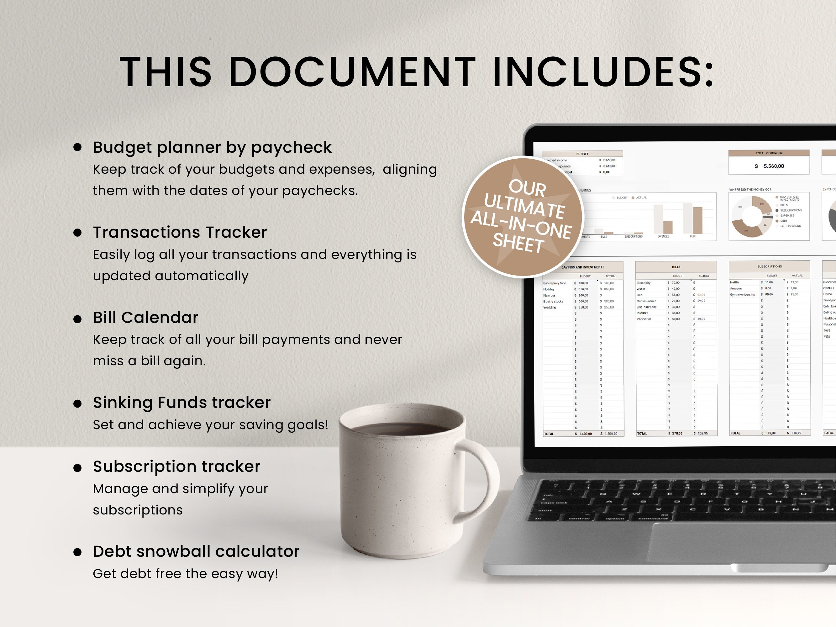 Ultimate Paycheck Budget Planner, Incl Debt Snowball Spreadsheet