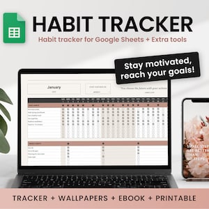Habit tracker 2024, habits tracking spreadsheet, daily routine planner, monthly, weekly and daily digital habit template for Google Sheets