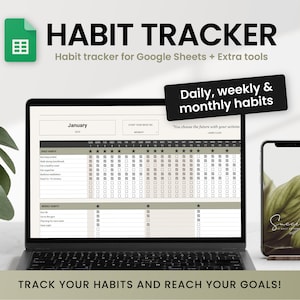 Habit tracker for Google Sheets, Yearly template (365 days) for daily, weekly and monthly habit tracking. Digital habits planner for 2024
