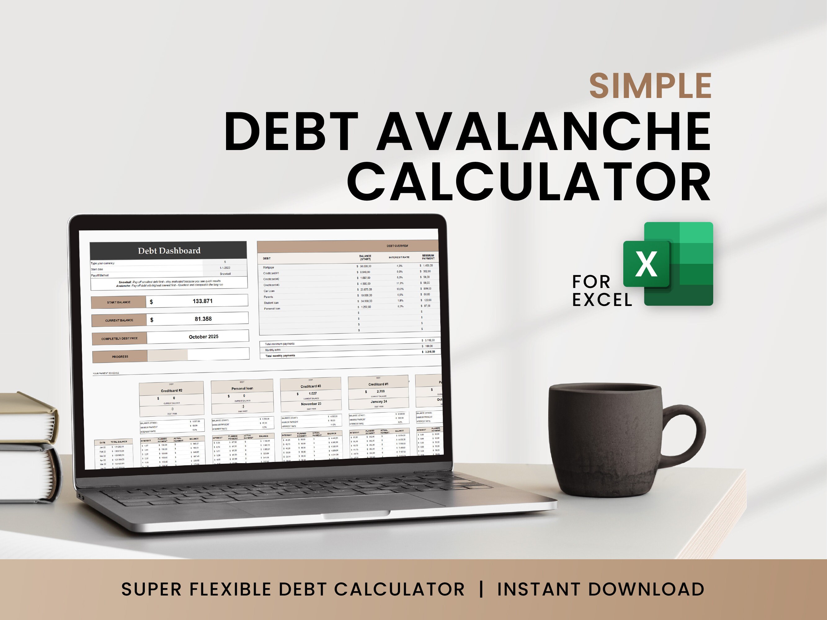 Avalanche Debt Payoff Calculator, Debt Pay off Spreadsheet for Excel