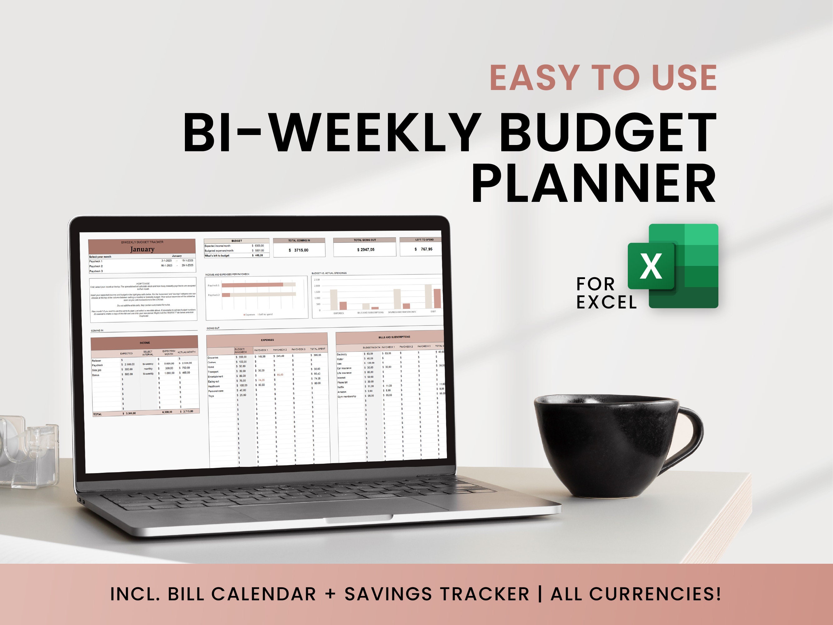 Biweekly Budget Template, Bi-weekly Excel Spreadsheet, Bi weekly Paycheck Budget sheet incl. Bill Calendar and Savings tracker